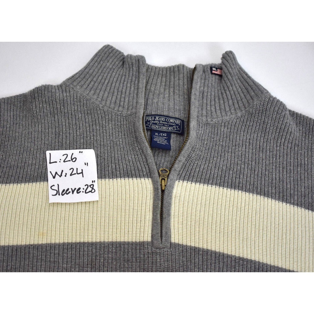 Polo Ralph Lauren MFG Mens Sweater 1/4 Zip Gray White Striped Pullover Cotton XL - Picture 2 of 9